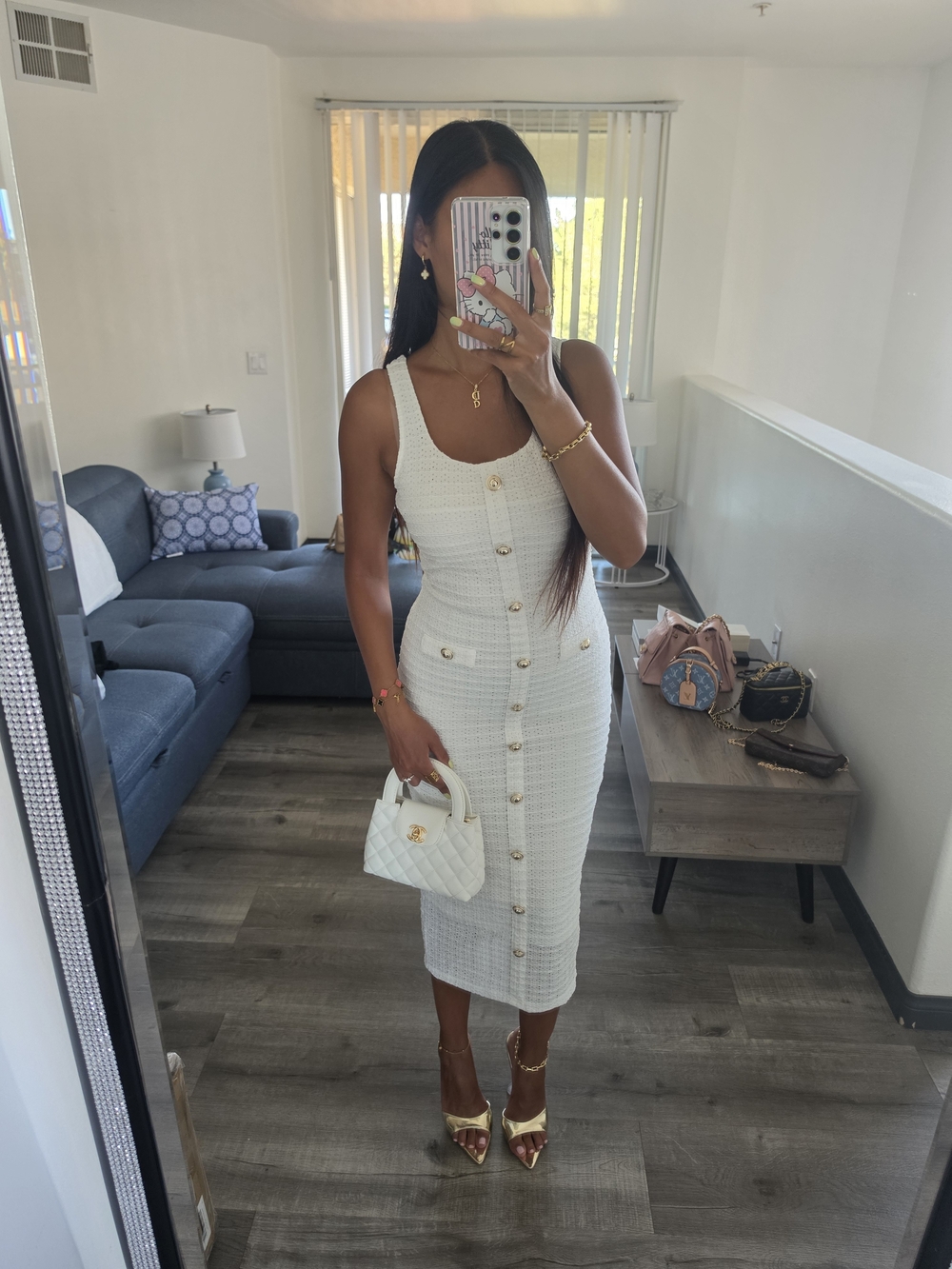 Classic White Button-Front Tweed Midi Dress - Picture 15 of 16